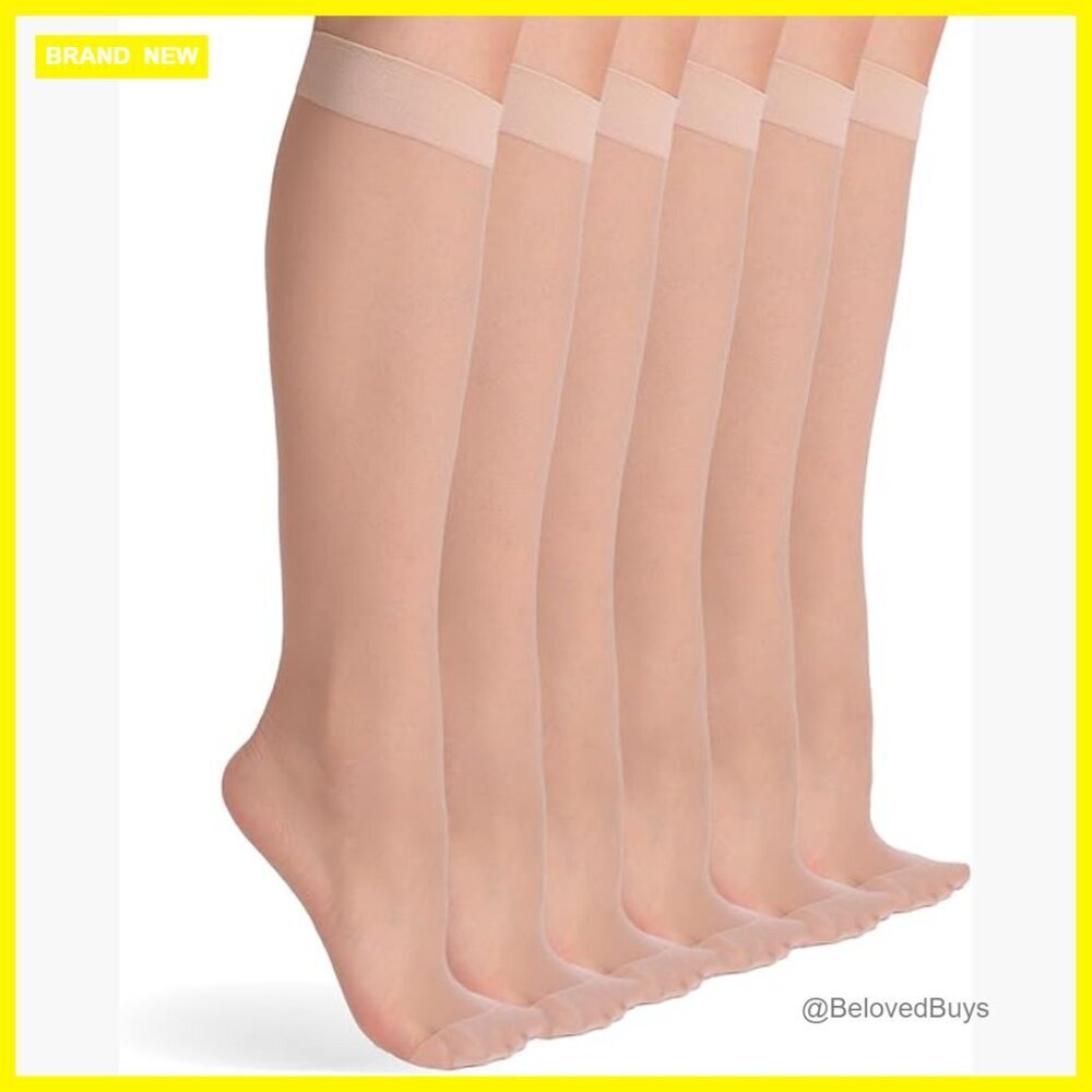 6 Pairs Sheer Knee High Stockings Reinforced Toes Elastic Nylon